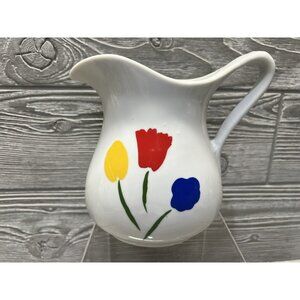 Vintage 1980s Stoneware Pitcher Taiwan Floral Tulips Primary Colors Heavy 5.75”